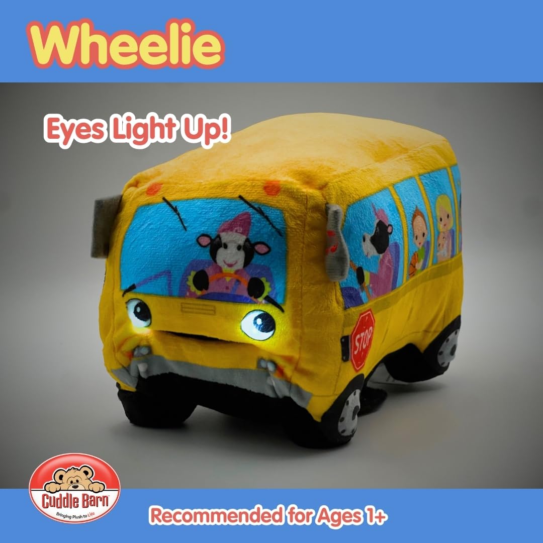 Cuddle Barn | Wheelie - School Bus Singing Stuffed Animal Plush Toy | Mouth Moves and Eyes Light Up | Sings Wheels on The Bus - 23 cm