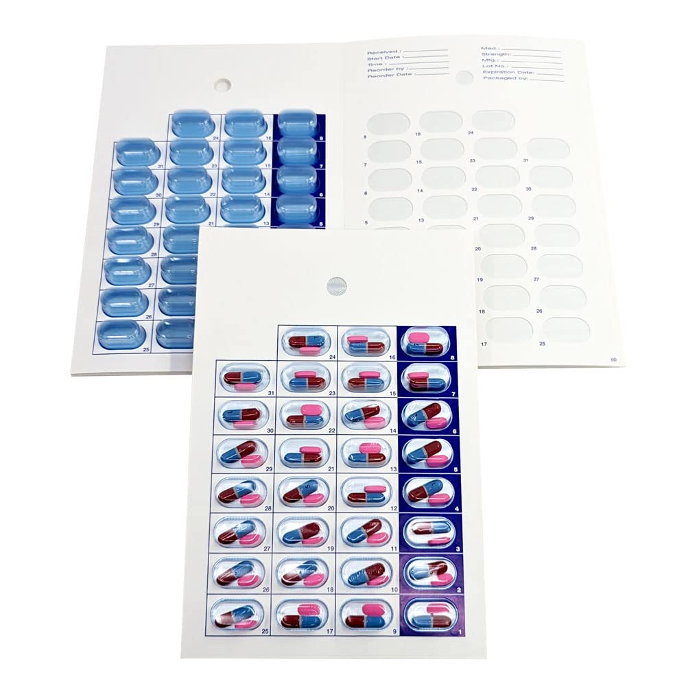 100 Pack Monthly or Weekly Cold Seal Medication Blister Pack System Cards - One Piece Unit Dose Book Fold, Easy No Extra Equipment Needed, Just Fill and Seal, (31 Day Monthly - 100 Pack)