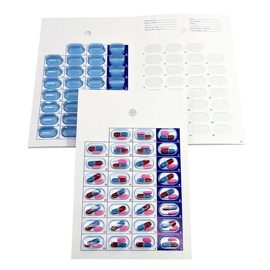 100 Pack Monthly or Weekly Cold Seal Medication Blister Pack System Cards - One Piece Unit Dose Book Fold, Easy No Extra Equipment Needed, Just Fill and Seal, (31 Day Monthly - 100 Pack)