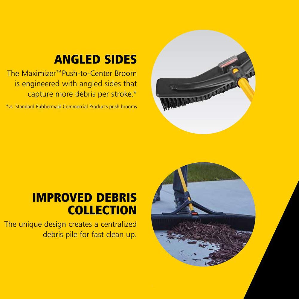 Rubbermaid Commercial Products Maximizer 36" Push to Center Push Broom Polypropylene Fill Black Angled Sides Medium Bristles for Indoor/Outdoor Multi-Surface Use