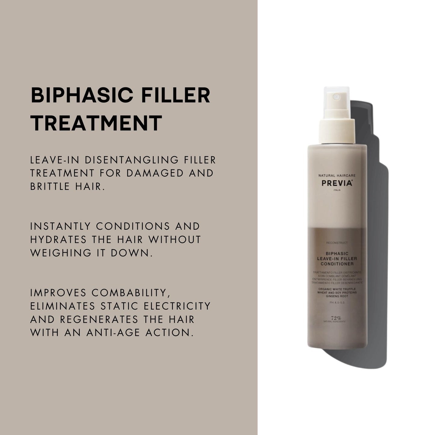 PREVIA Hydrating Leave-in Conditioner Spray with White Truffle Extract - Reconstructive Biphasic Detangling Treatment for Damaged, Dry, and Brittle Hair - Tames Frizz & Controls Static 6.7Floz