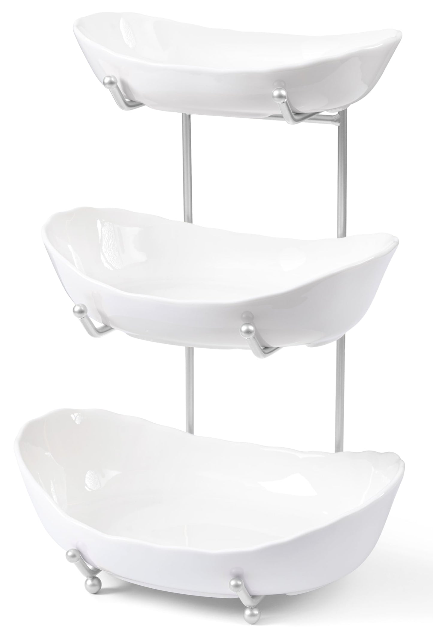 HBlife Fruit Bowl for Kitchen Counter - 3 Tier Ceramic Fruit Bowl with Metal Stand, Tiered Fruit Basket for Kitchen, Snack, Dessert Tray Plate Rack for Party