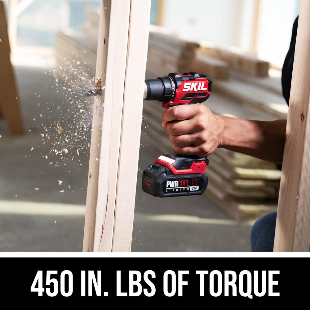 Skil PWR CORE 20 Brushless 20V 1/2" Compact Variable-Speed Drill Driver Kit with 1/2'' Single-Sleeve, Keyless Ratcheting Chuck & LED Worklight Including 2.0Ah Battery and PWR Jump Charger-DL6293B-10