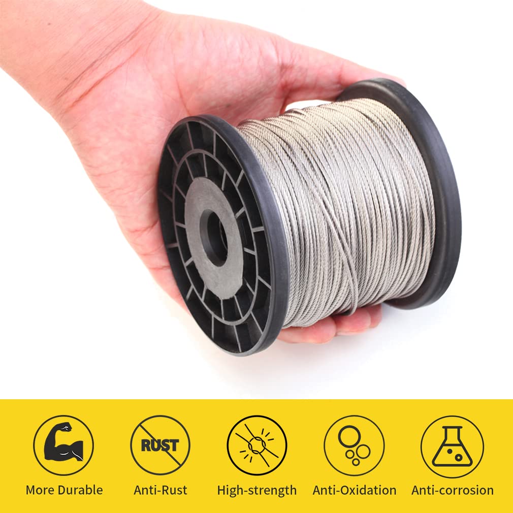 1/16 Wire Rope, 1000FT 304 Stainless Steel Cable with 300Pcs Crimp Sleeves, Aircraft Grade, 7x7 Strand, 368lbs Breaking Strength, for Garden Trellis, Clothesline, Railing,Trellis
