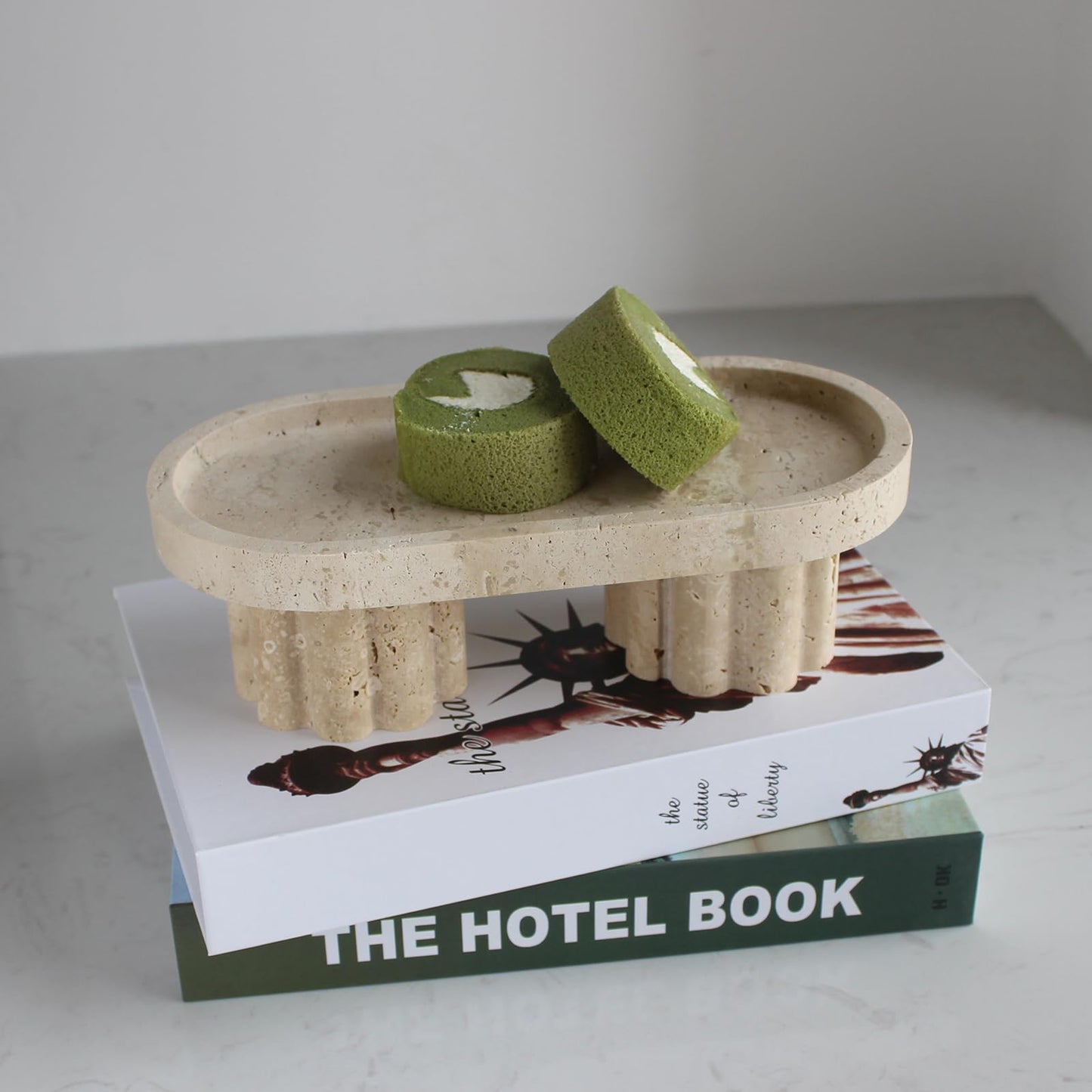 Natural Travertine Marble Oval Tray with 2 Legs, 10" Vanity Decorative Tray for Countertop Organizer, Catchall Tray for Perfume, Candles, Jewelry Dishv