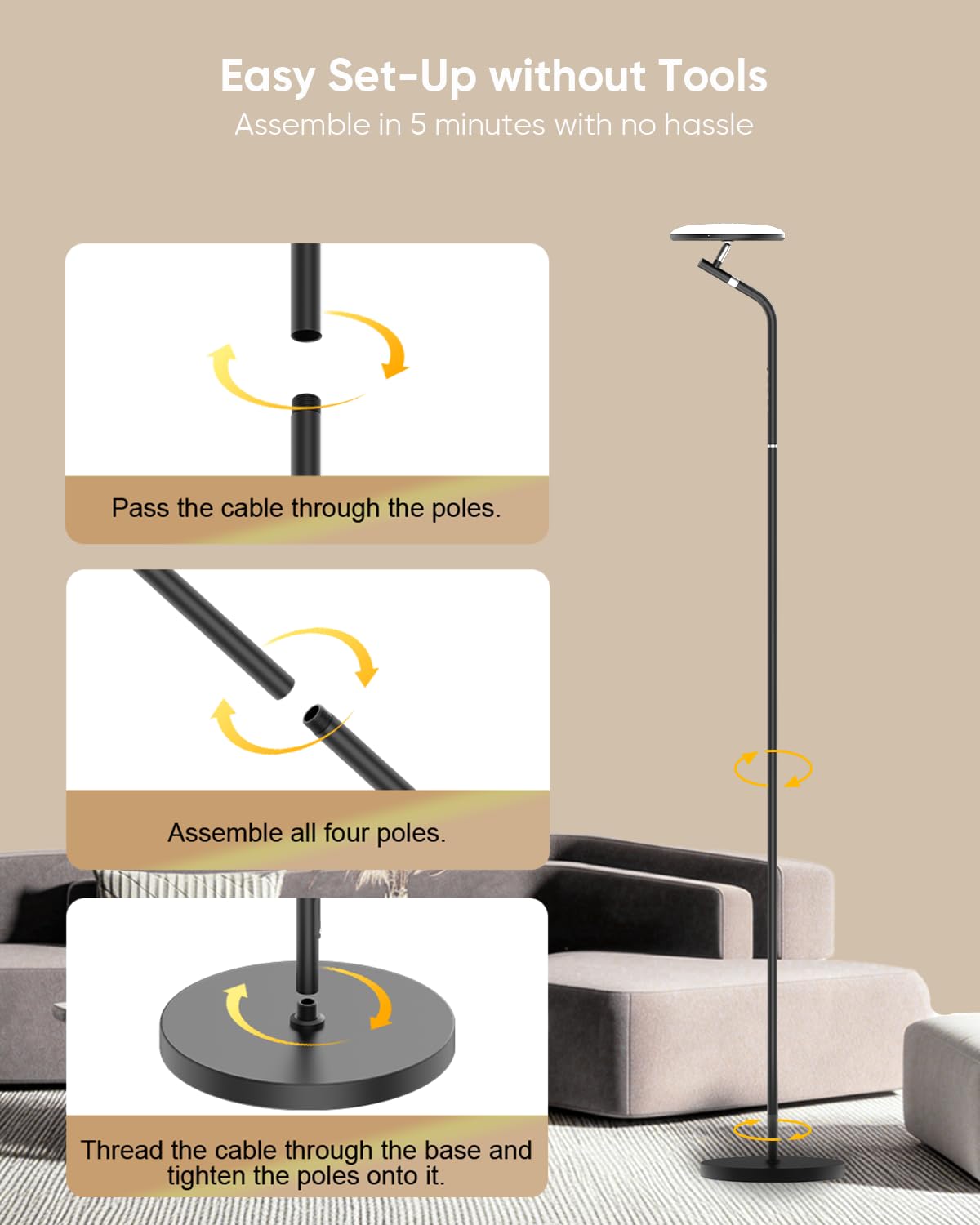RUNBARRY LED Floor Lamp, 36W Super Bright Standing Lamp with Remote & Touch Control, 69" Stepless Dimmable Torchiere Floor Lamps, 350° Rotating Head Floor Lamp for Bedroom, Living Room, Office, Black