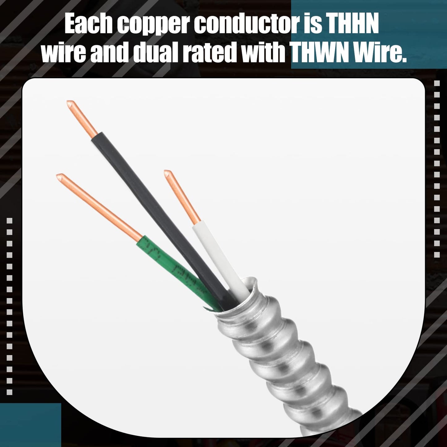 Kingdder Metal Clad Cable, Wire with Ground, Cable with Aluminum Armor, Stranded Solid Copper Conductors, Ground Wire Solid for Indoor Outdoor Underground Embedded Installation(14/2, 50 ft)