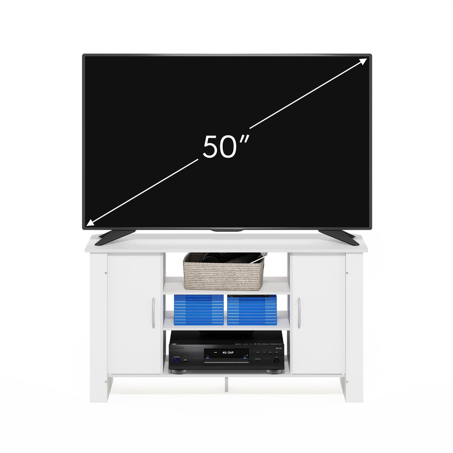 Furinno ECON TV Stand, 4-Tier Entertainment Center with Adjustable Shelf, Open Back TV Console with Door Storage for TV up to 50 Inch, for Living Room, Bedroom, White