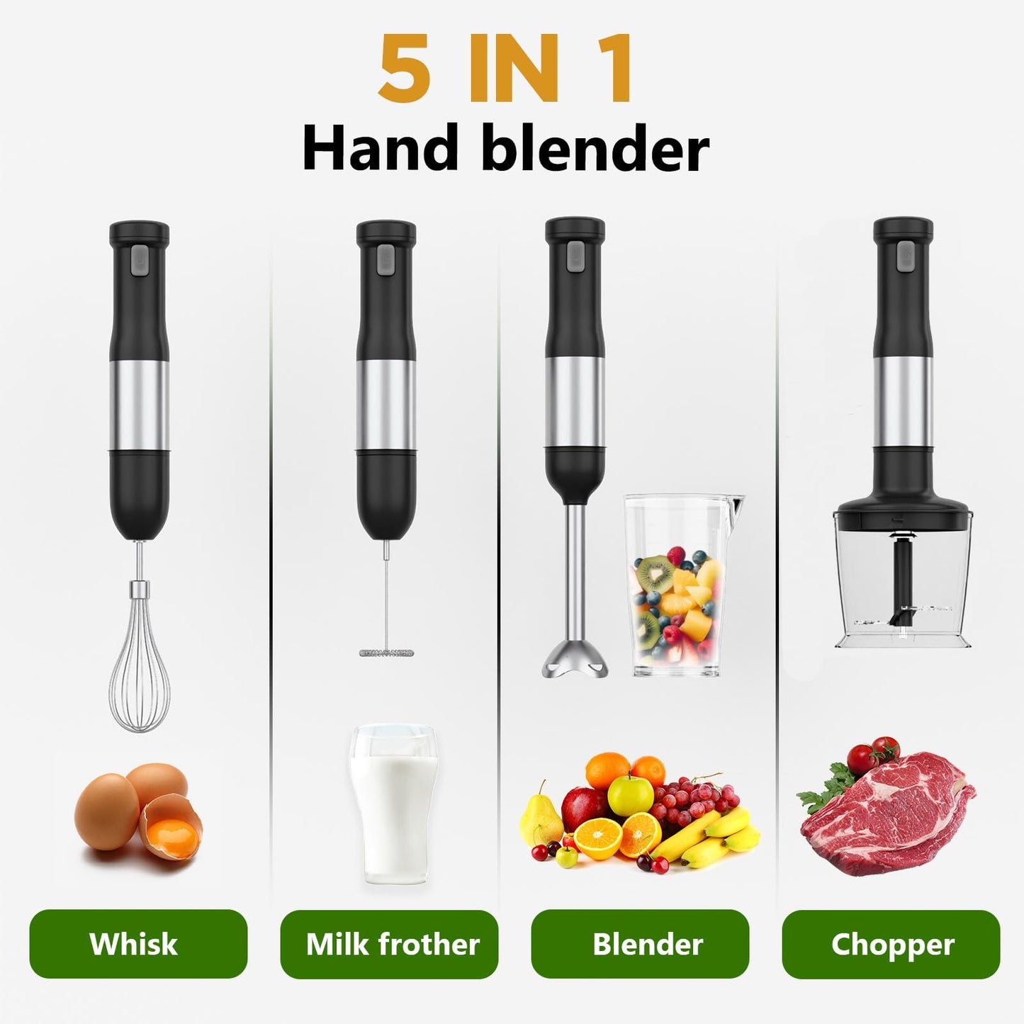 WHUTO Cordless Immersion Hand Blender, 5-in-1 Variable Speed blender handheld,Rechargeable with 2000mAh Battery, BPA-Free & Dishwasher-Safe Accessories:700ml Beaker,Chopper,Whisk & Milk Frother,Black