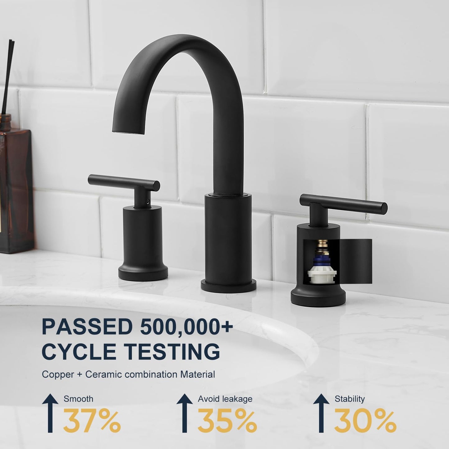 Kroias Matte Black Waterfall Bathroom Faucet 3 Hole, Widespread Two Handle Bathroom Sink Faucet Vanity Faucet, 8 Inch Bathroom Faucets for Sink with cUPC Supply Lines and Pop-Up Drain