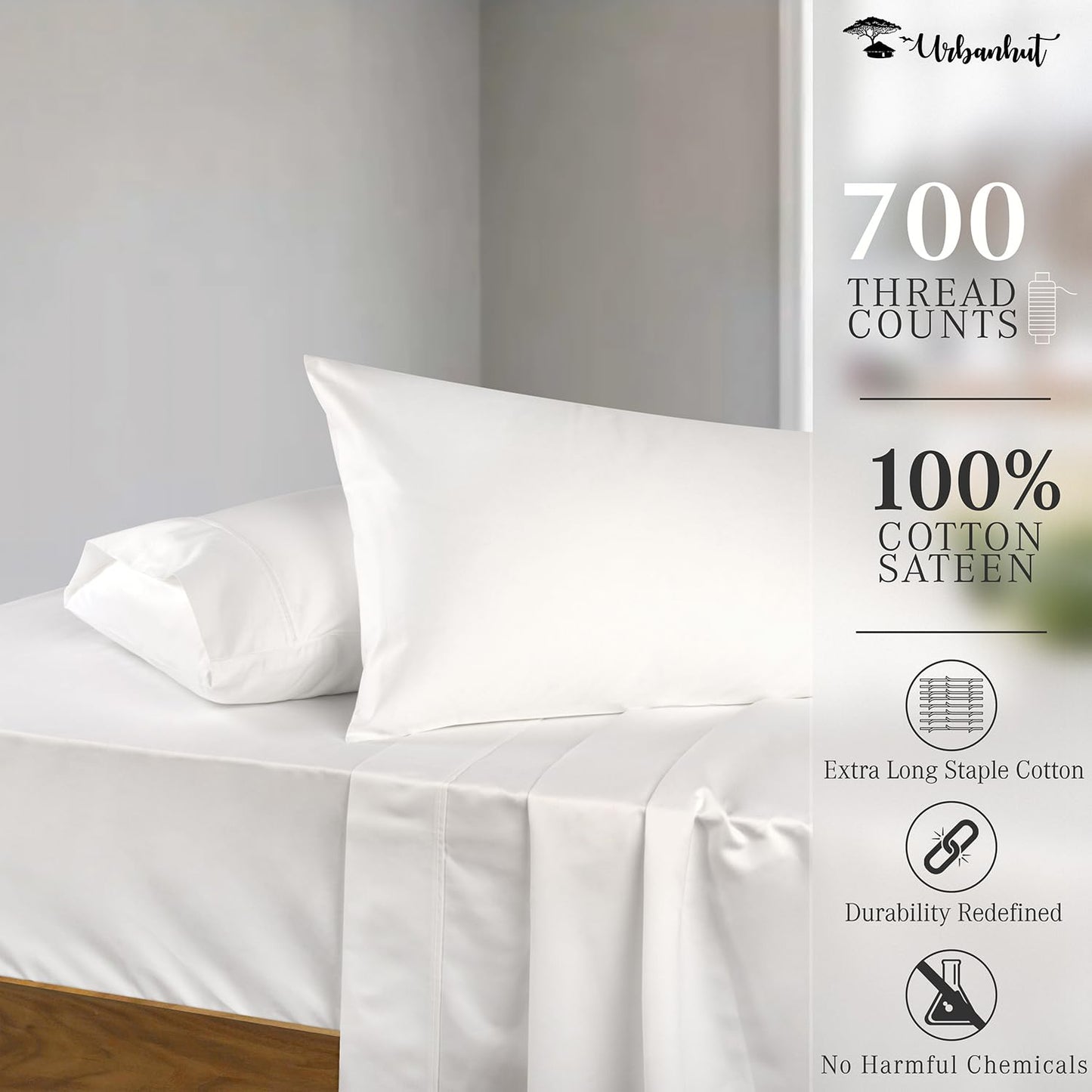 URBANHUT 700 Thread Count Egyptian Cotton Sheets King Size, 4Pc Sheet Set Soft Luxury Bed Sheets for King Size Bed, Sateen Weave Hotel Sheets, 16'' Elasticized Deep Pocket - White