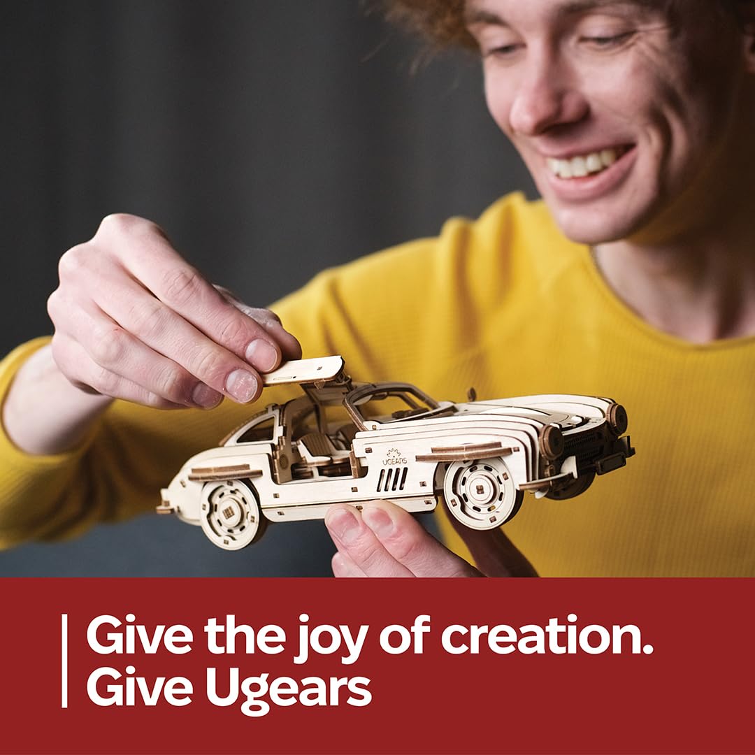 UGEARS Winged Sports Coupe Model Car Kit - 3D Wooden Puzzle Car –Model Kit for Adults to Build - DIY Wooden Car Model Kit with Authentic Gull-Wing Design Car Model