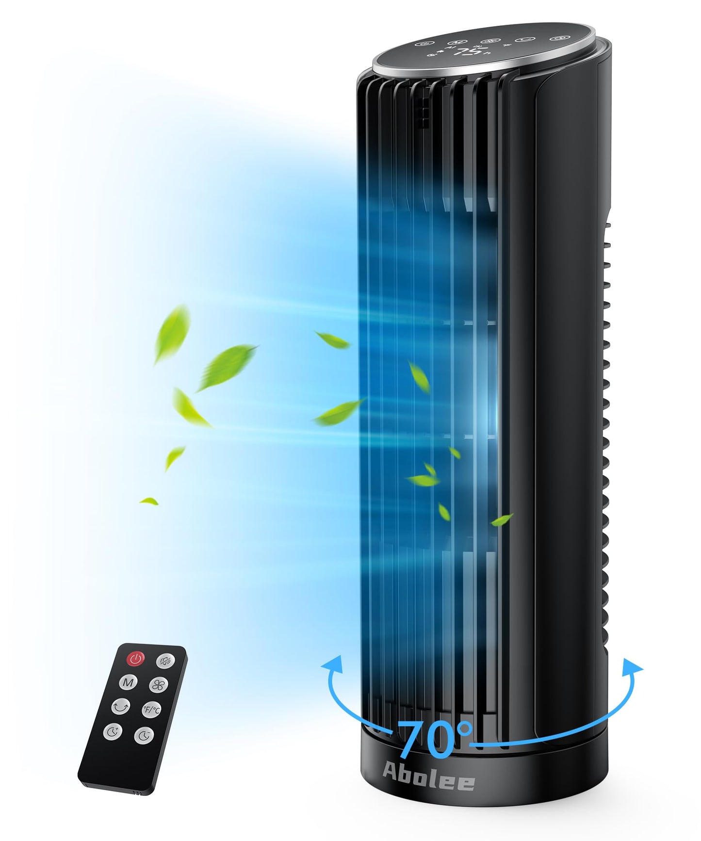 Abolee Tower Fan, 23ft/s Desk Fan with Remote, 70° Oscillating, Standing Table Fan with 4 Speeds, 4 Modes, 12Timer, 2026 New 13'' Bladeless Fan for Bedroom Office, Home
