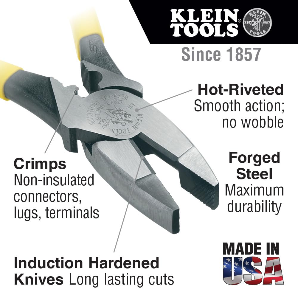 Klein Tools J213-9NECR Journeyman Pliers Connector Crimp Side, Made in USA, With High-Leverage Design Featuring Crimping Die Behind Hinge, 9-Inch