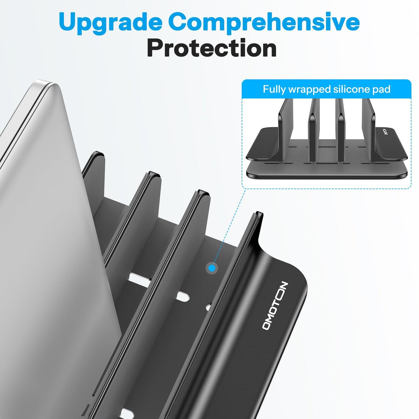 OMOTON Vertical Laptop Stand [Updated 3-Slots Version], Desktop Aluminum Mac Book Stand with Adjustable Dock Size, Fits All Mac Book, Surface, Chrome Book and Gaming Laptops (Up to 17.3 inch), Black