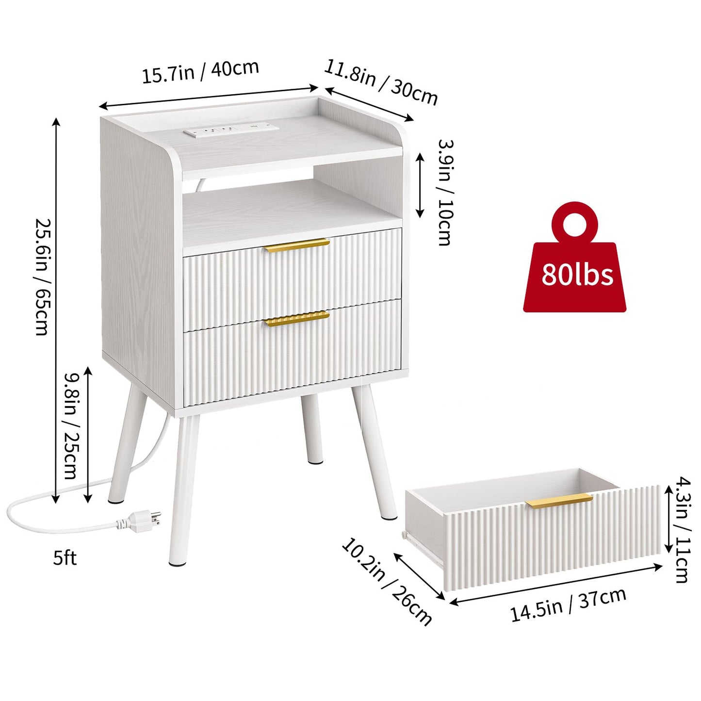 Fixwal White Fluted Nightstand with Charging Station, LED Night Stand with 2 Wood Drawers for Bedroom, Modern Bedside Table, 15.7 x 11.8 x 25.6in