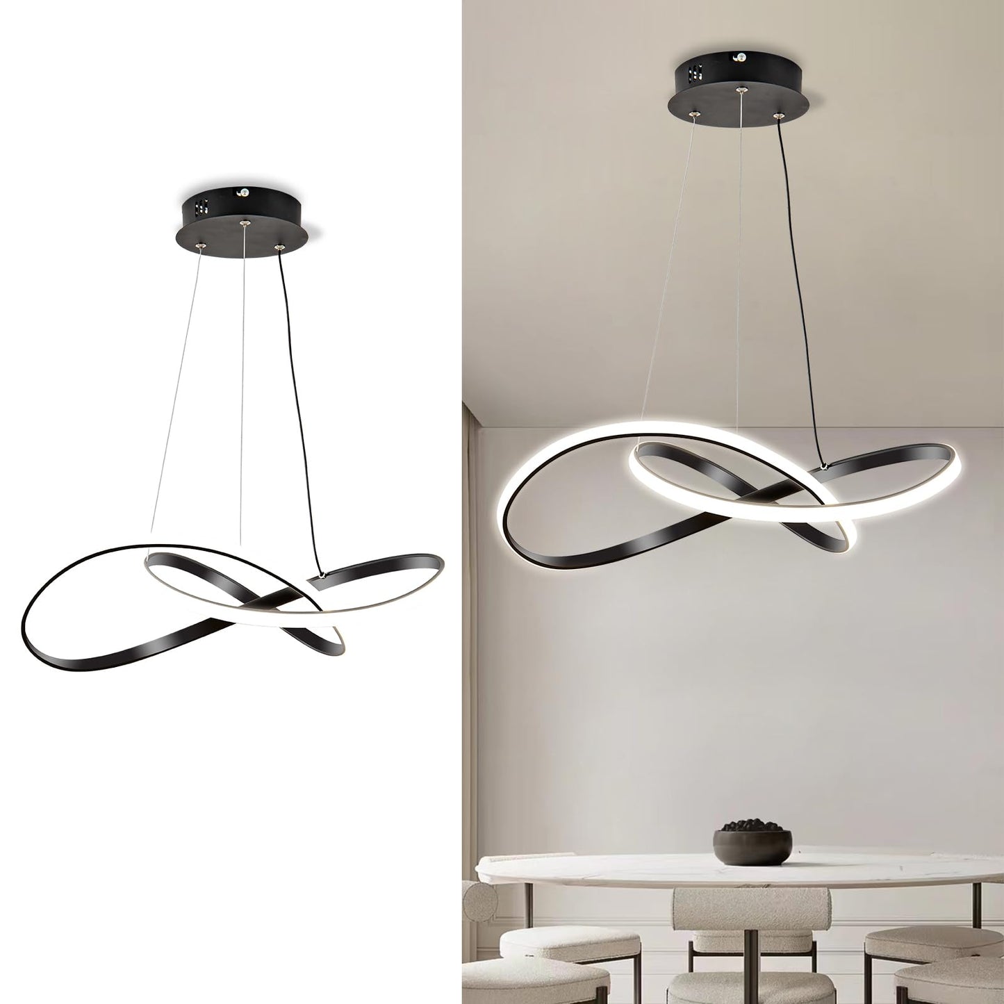 Viruhaka Modern LED Pendant Light Fixture，Black Contemporary Ceiling Hanging Fixture with Irregular Ring Lights for Dining Living Room Bedroom Kitchen Island Cafe（4000K，Neutral Light ）
