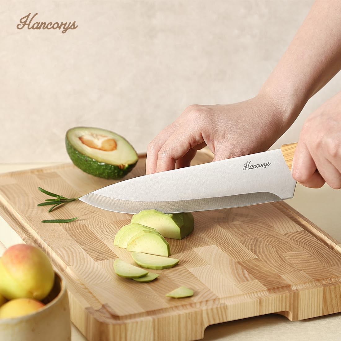 Hancorys Knife Block Set, Kitchen Knife Set with Sharpener, German Stainless Steel Gold Knives Set with Block and Ergonomic Wood Grain Handle, Ultra Sharp Cooking Knives