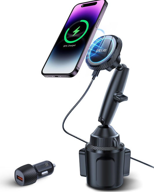 EXELIQ Cup Holder Charger Mount for Magsafe, Wireless Magnetic Car Mount Charger with Heat Dissipation System, Fast Charging Phone Holder for iPhone 17 16 15 14 13 Pro Max Mini [with QC 3.0 Adapter]