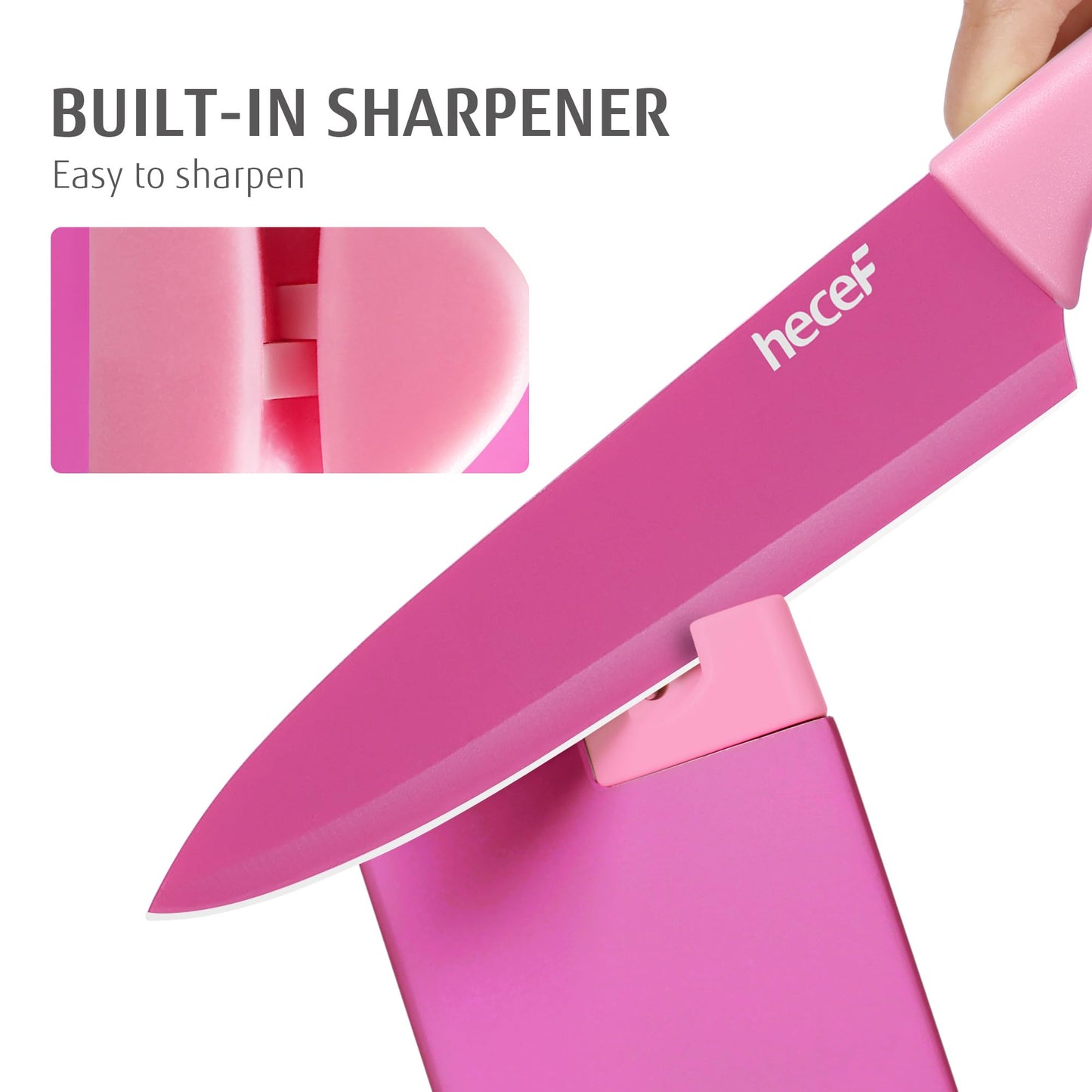 hecef 15 Pieces Kitchen Knife Set with Built-in Sharpening Wooden Block, Dishwasher Safe, High Carbon Stainless Steel Knife Block Set with Steak Knives, Kitchen Scissors, Hot Pink