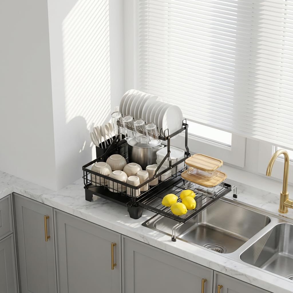 GSlife Large 2 Tier Dish Drying Rack, Expandable Multifunctional Dish Rack for Kitchen Counter, Rust-Resistant Dish Drainer with Utensil & Cup Holder, Auto-Drain, 16.9" W x 14.4"-22.4" L, Black