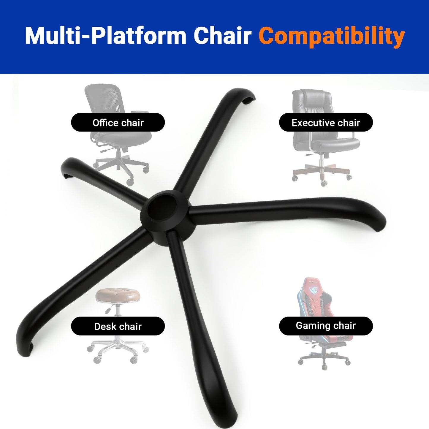 Rythalix 28" Heavy Duty Office Chair Base Replacement Parts for Most Office/Desk Chair - 2400 Lbs Capacity Matte Black Metal Chair Legs with Universal Casters Sockets