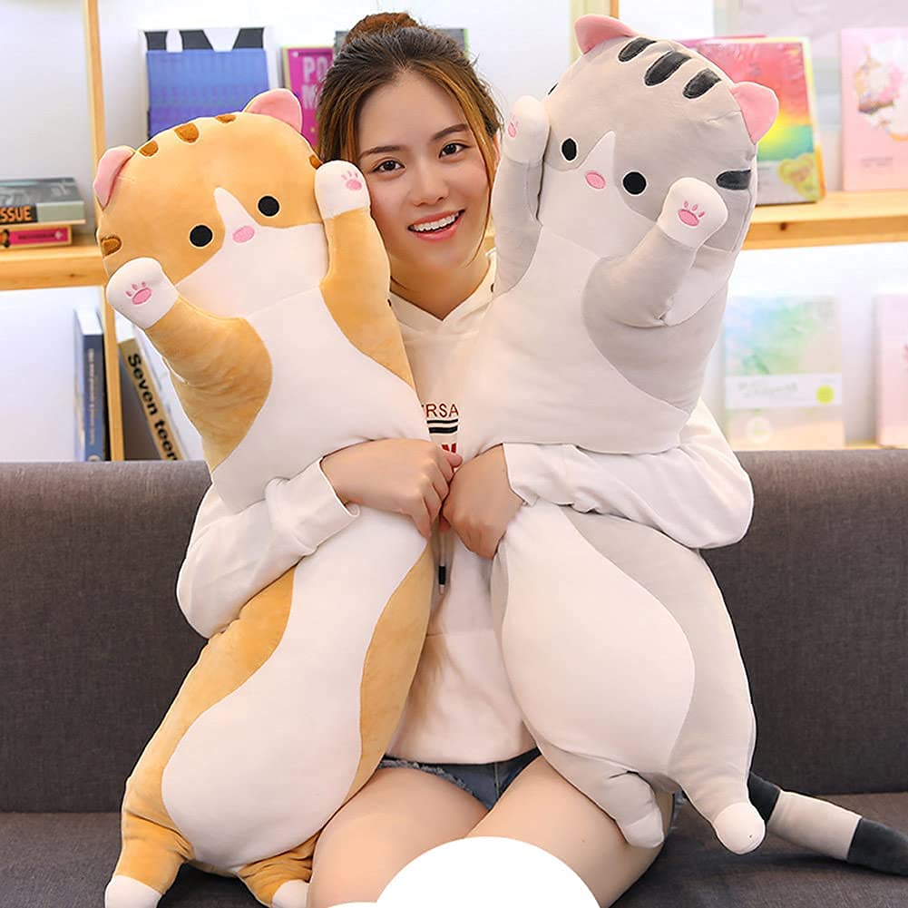 Cute Cat Plush Long Body Pillow Cuddle Cartoon Stuffed Animals Cat Plushie Soft Doll Pillows Gifts for Kids Girls (Orange, 51")