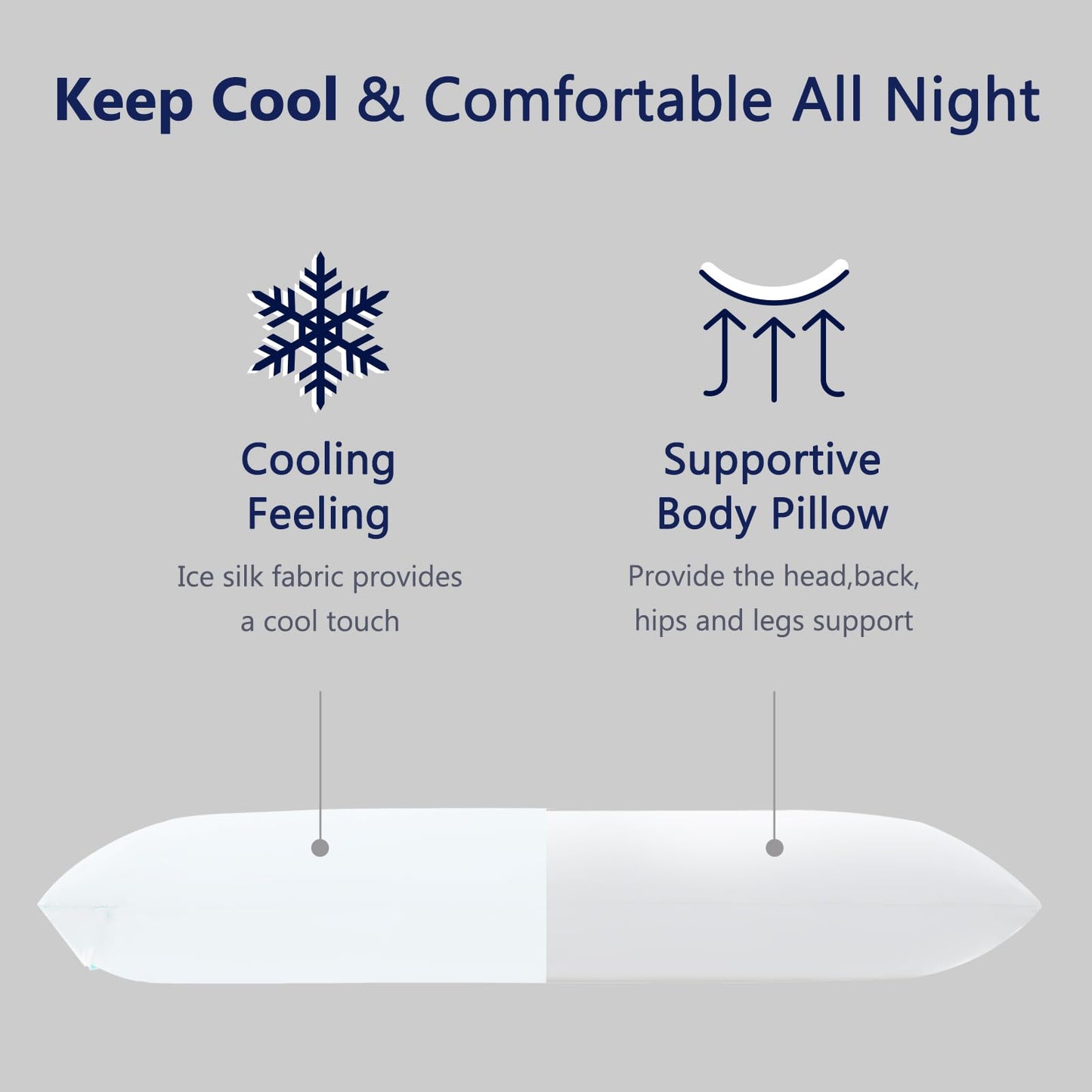 DOWNCOOL Large Body Pillow Insert with Cooling Cover - Soft Long Bed Pillow for Summer - Breathable Full Body Pillow for Adults - 20x54 inch (White, with Cover)