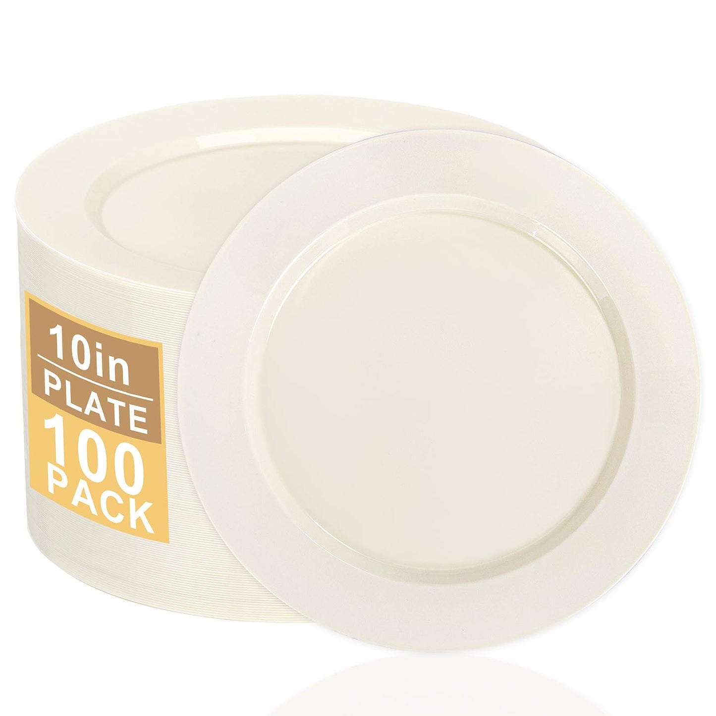 I00000 100 Pcs Ivory Plastic Plates,10inch Cream Dinner Plate, Elegant Disposable Plates Perfect for Birthday, Party,Wedding, Baby & Bridal Shower (100 Guests)