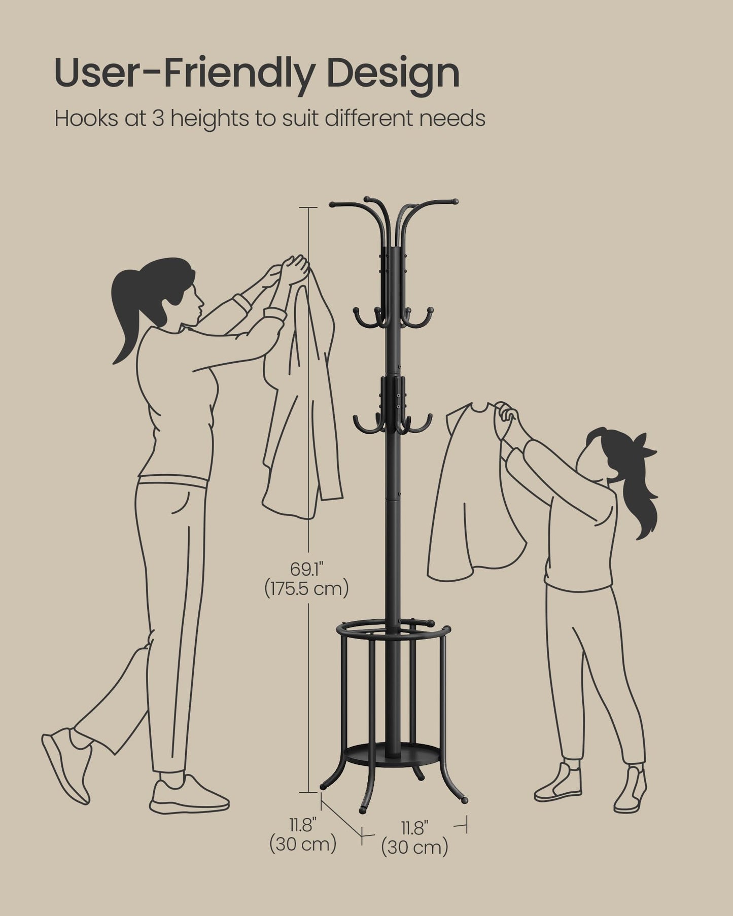 SONGMICS Coat Rack Freestanding, Coat Rack with Umbrella Holder, Metal Coat Rack Stand with 12 Hooks, for Entryway, Hallway, Living Room, Bedroom, Ink Black URCR011B01V1