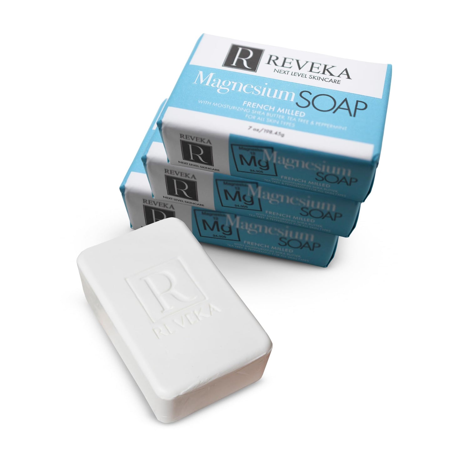 Reveka Skincare 4-Pack Magnesium Soap Bar - 4-in-1 Natural Soap Bar for Face, Body, Hair & Shaving | Triple Milled Bar Soap with Shea Butter, US-Crafted Peppermint Soap, 4 Bars (7 oz. Each)