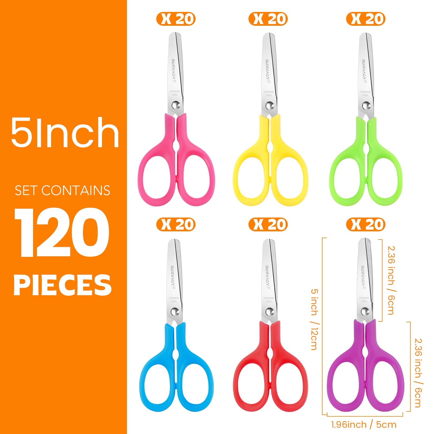 BURVAGY 120Pack 5" Small School Student Blunt Craft Kids Scissors, Sharp Stainless Steel Blades Safety Comfort Grip Scissors for Kids Children Cutting Paper, 5Inch