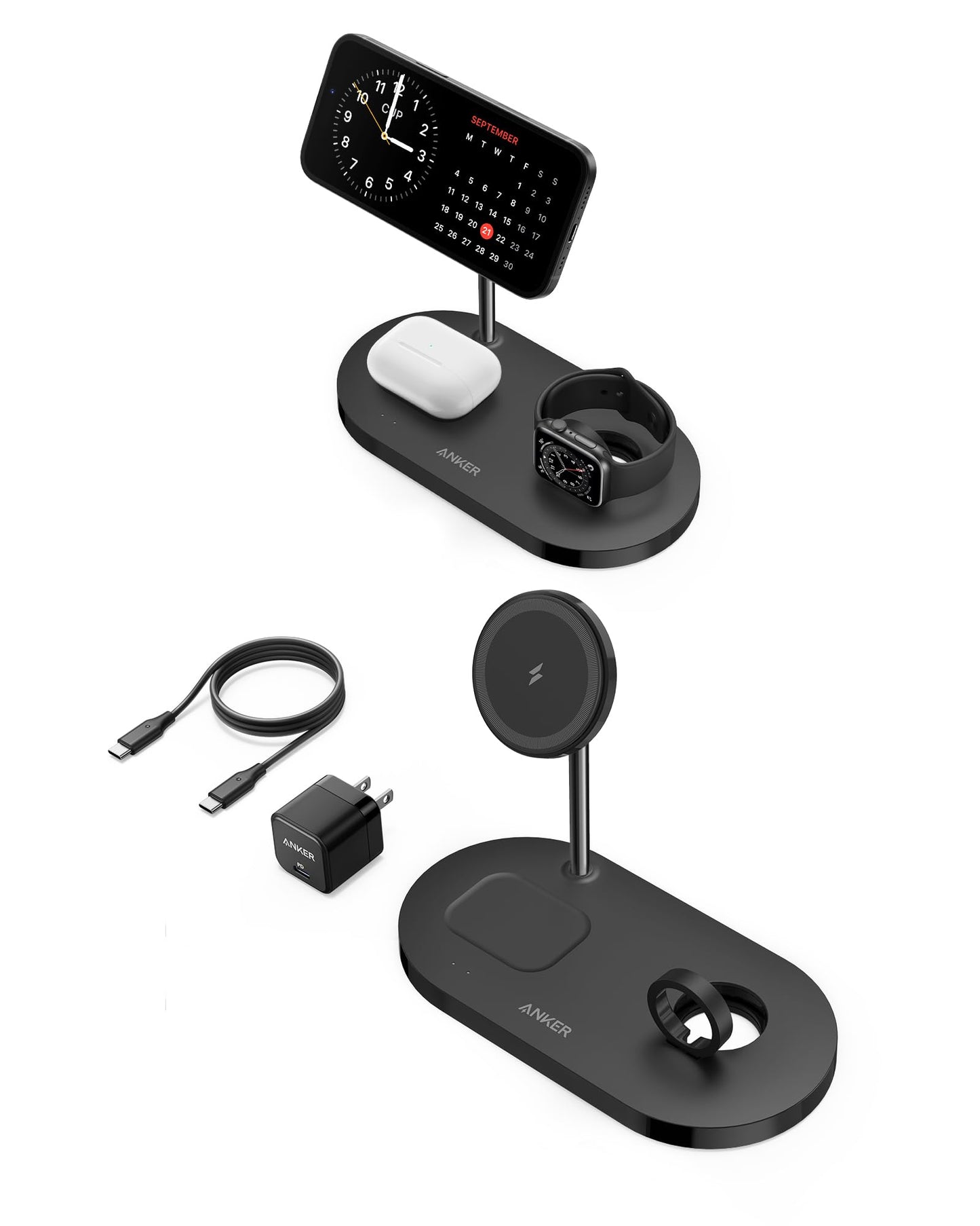 Anker Wireless Charging Station & 20W Charger, 533 Magnetic Wireless Charger (3-in-1 Stand), 5ft USB-C Cable, For iPhone 14 Series, AirPods 3/2/Pro, Apple Watch 1-6 (Watch Cable Not Included)
