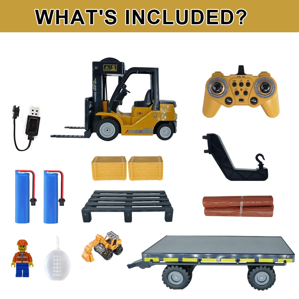 KNACKTOYZ Remote Control Forklift with Flatbed Truck, 11 Channel RC Forklifts with Spray, Cool Lights & Sound, 2 in 1 Lift Fork & Hook, Crane Construction Toys for Boys, Birthday Gift for Kids 3+