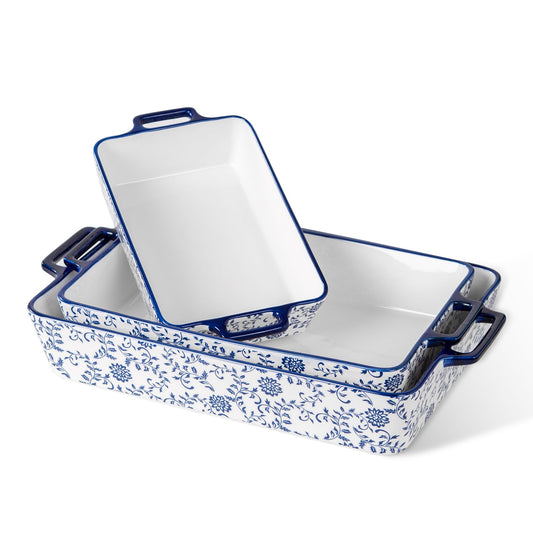 Cerkik Ceramic Bakeware Set - Casserole Dish Baking Dishes for Oven - Rectangular Lasagna Pans with Handles for Kitchen Cooking - Microwave & Dishwasher Safe - Set of 3 (15.1''/13.6''/9.9'') - Blue