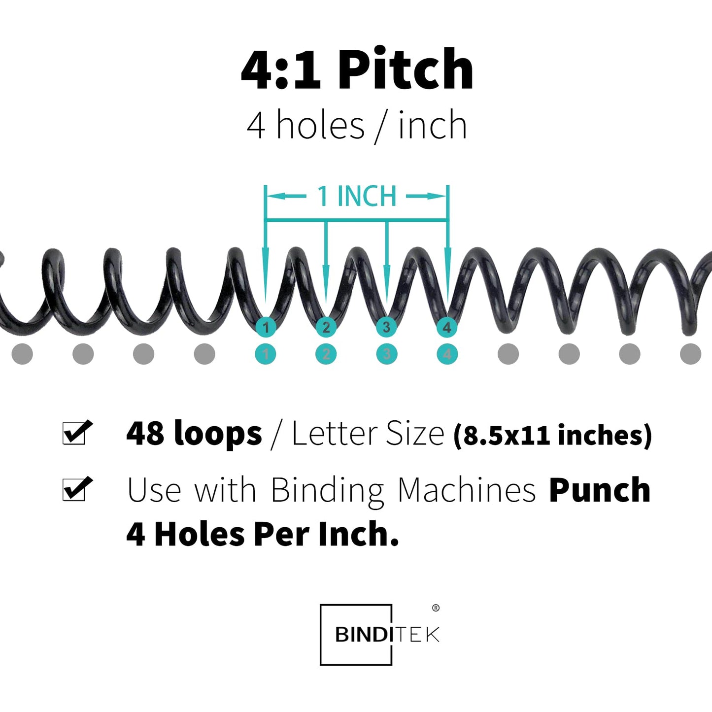 Binditek 50 Pack Plastic Spiral Binding Coils, 32mm (1-1/4"), 280 Sheet Capacity, 4:1 Pitch, Black, 48 Loops, for Letter Size, for Students and Coworkers