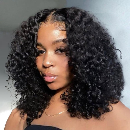 LDJOY Short Curly Lace Front Wigs Human Hair Pre Plucked 180% Density Human Hair Wigs for Black Women Water Wave Glueless 13x4 HD Transparent Lace Frontal Wigs with Baby Hair Natural Black 14 Inch