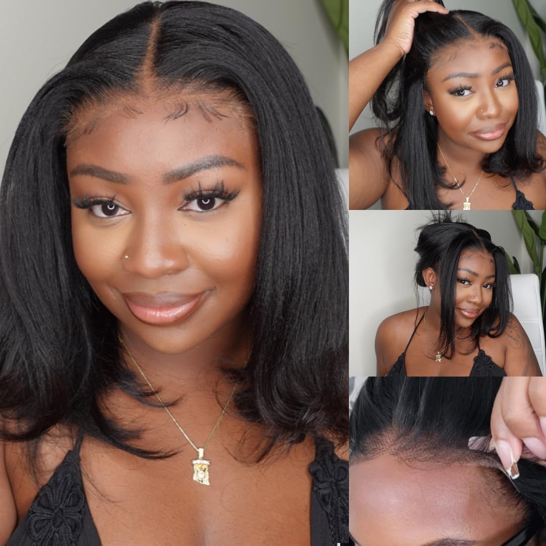 Nadula Bye Bye Knots Glueless Yaki Straight Bob 7x5 Lace Front Wigs Human Hair Pre Plucked Invisible Knots Pre Everything 3S Ready to Wear Short Yaki Bob Wigs Pre Cut 150% Density 14inch