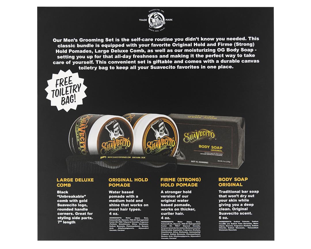 Suavecito Men's Hair Grooming Set OG & Firme (Strong) Hold Pomade, Body Soap, Large Deluxe Comb & Sand Canvas Bag