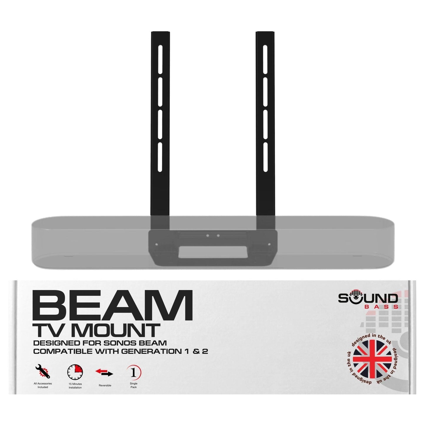 Sound Bass Beam TV Mount, Compatible with Generation 1 & 2 Sonos Beam Mounting Bracket for TV, Black, Full Hardware Kit Included, Beam Soundbar