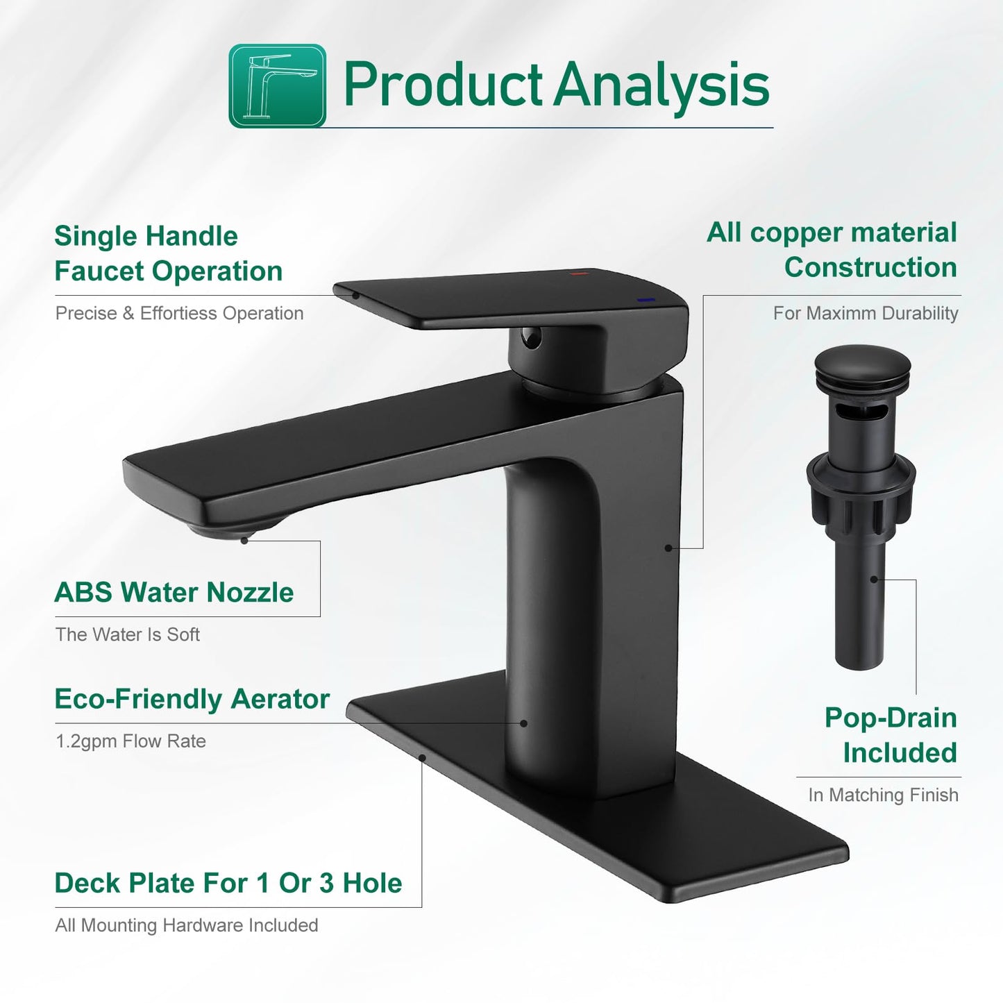 VOTON Black Bathroom Faucet Single Handle Bathroom Faucets for Sink 1 Hole Rv Lavatory Vanity Faucet with Pop-up Drain and Water Supply Lines