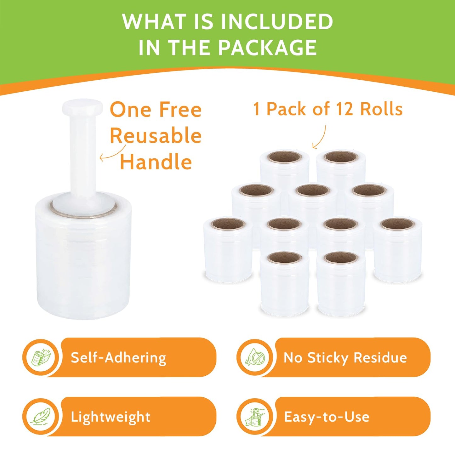 PSBM Mini Stretch Wrap with Plastic Handle, 12 Rolls 5 Inch x 1000 Feet 80 Gauge Heavy Duty up to 500% Stretch Clear Plastic Wrap Industrial Strength Shrink Film for Moving, Packing & Shipping