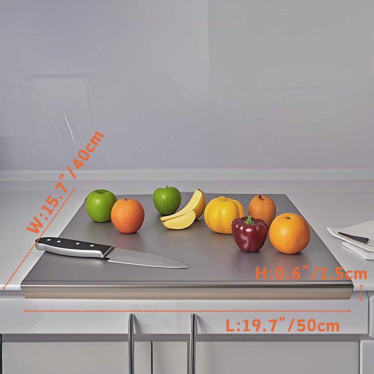 Stainless Steel Cutting Boards with Lip for Kitchen,Chopping Boards for Countertop,Large Metal Cutting Board over Sink Suitable for Meat, Fruits,Vegetables,Bread,Cake,Pasta,Noodle,and Pizza19.7“*15.7“