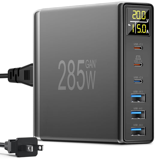 285W USB C Charger Block, YSYFAD 6 Ports Multiple USB Charging Station with Digital LCD Dispaly GaN Fast 100W USB C Charger for MacBook Laptops Multiport USB Charger for i Pad i Phone Samsung, Black