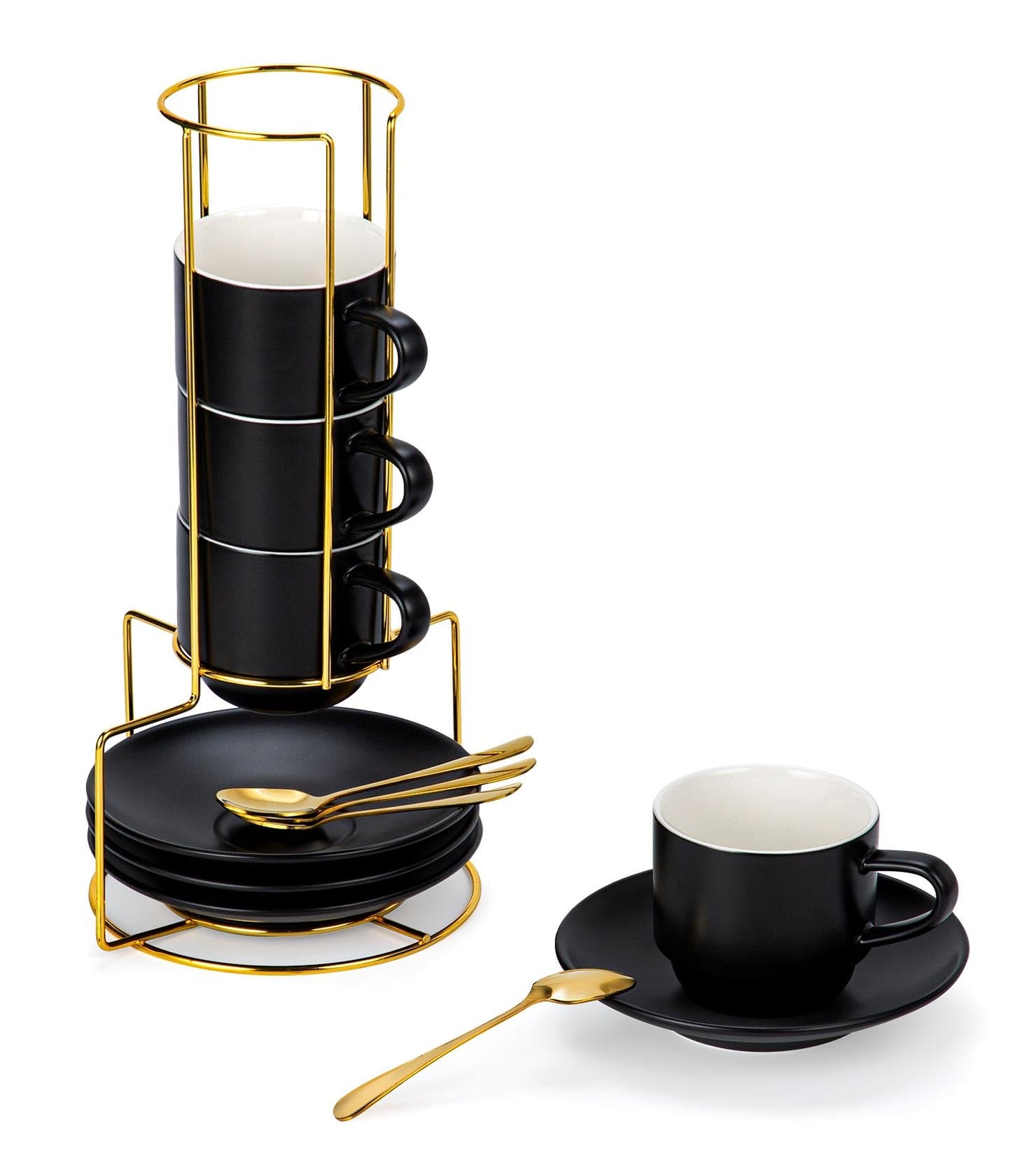 Lareina 8 Ounce Porcelain Cappuccino Cups Set of 4, Stackable Coffee Cups with Saucers, Spoons and Metal Stand -for Specialty Coffee Drinks, Cappuccino, Latte, Americano and Tea, Black