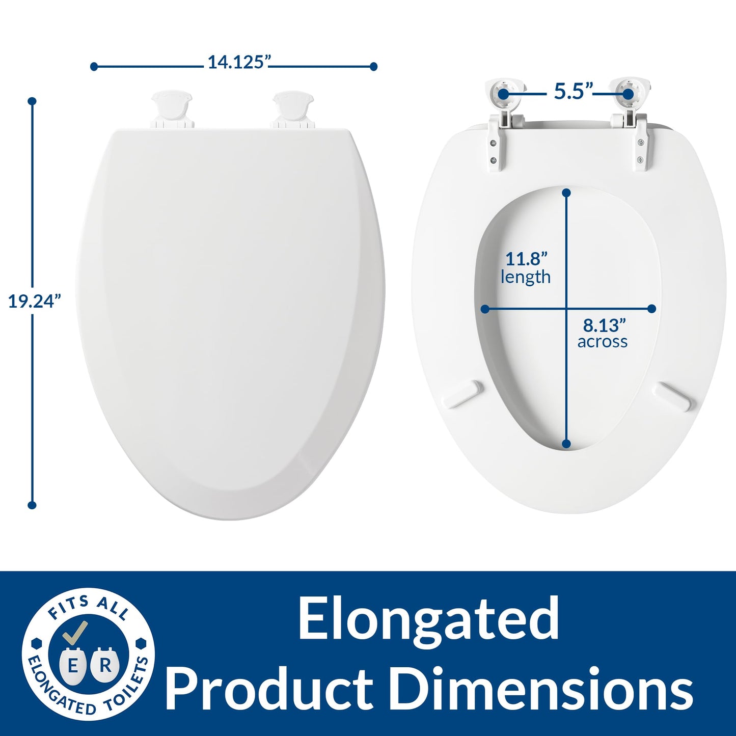 Bemis 1500EC Durable Wood Toilet Seat with Easy Clean Hinges, Made in USA, Elongated, White, 2-Pack