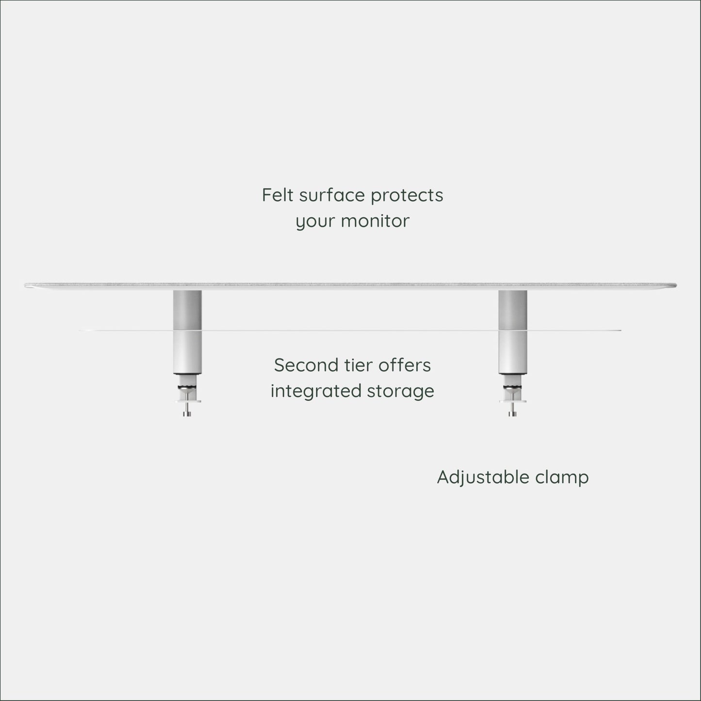 Branch Monitor Stand - Elegant, Durable Powder-Coated Steel Stand with Soft Felt Liner - Large Monitor Riser Second Tier Storage - Installs with a Universal Clamp for Ergonomic Workspace - White