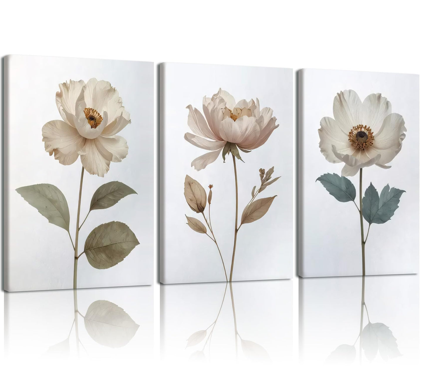 AUUAUU Elegant Neutral Floral Wall Art Set of 3 Framed Boho Botanical Aesthetic Canvas Prints Peony Anemone Flower Art Posters 16x24 Inch Minimalist Wall Decor for Home Kitchen Living Room Bedroom