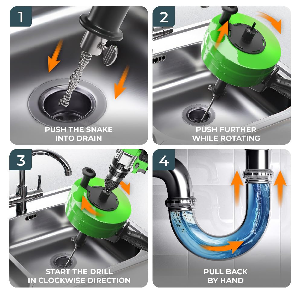 MEISTERFAKTUR drain snake [50FT] - with drill attachment - Ideal plumbing snake for sink and drain unblocking - Solid drain auger for real DYIs! (50 FT - 1/4 inch)