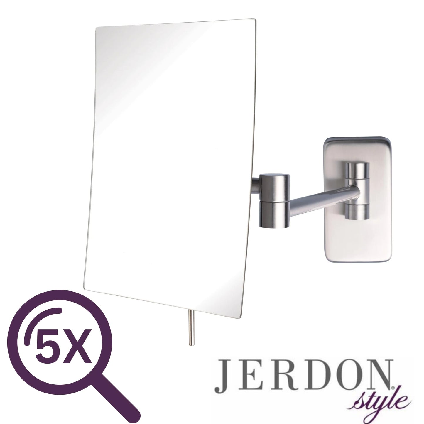 JERDON 8.75-Inch x 6.5-Inch Wall Mount Makeup Mirror - Personal Mirror with 5X Magnification & 14 inch Wall Extension - Nickel Wall Mount Arm - Model JRT695N